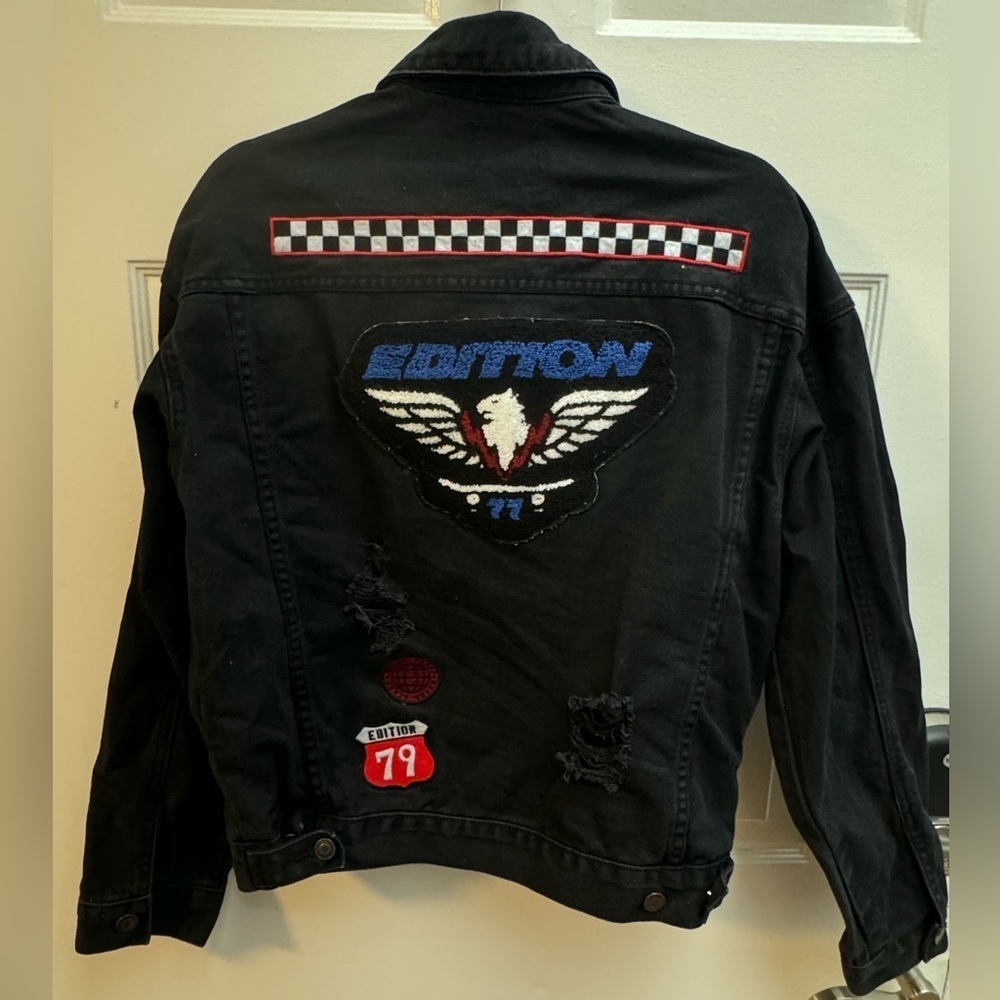 Distressed Patchwork Denim Jacket Unisex Streetwear Vintage Retro Moto Biker - Picture 13 of 15